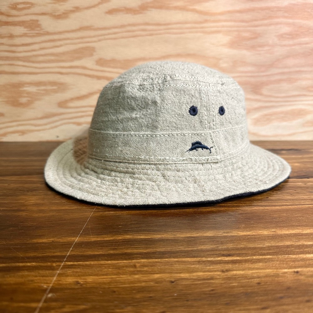 Tommy Bahama Beige Reversible Bucket Hat with Navy Fish Embroidery Small